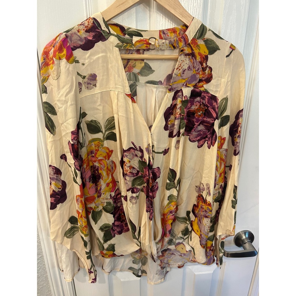 ODDI Floral Blouse Cream Purple Orange Twist Front Bell Sleeve Boho Top